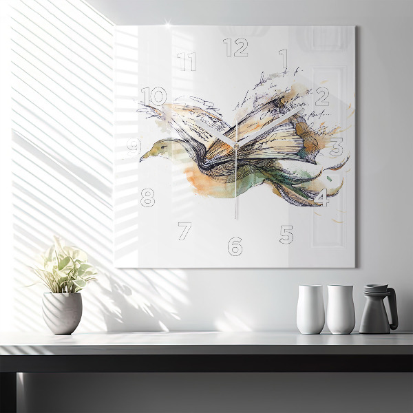 Square glass wall clock The bird and the book