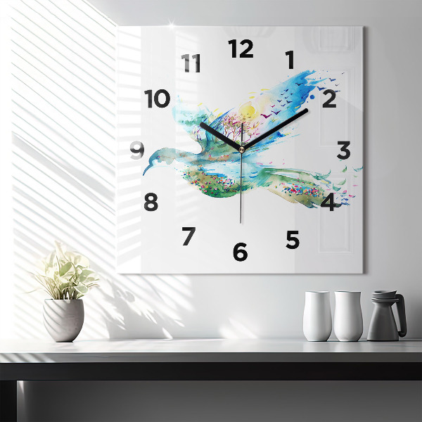 Square glass wall clock Abstraction of bird and spring