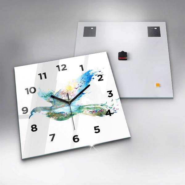 Square glass wall clock Abstraction of bird and spring
