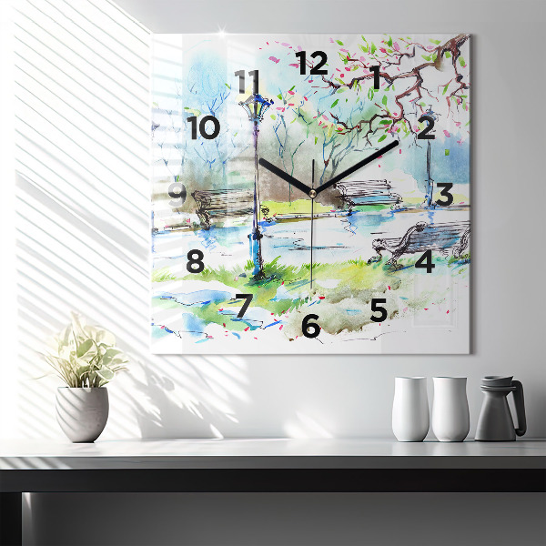 Square glass wall clock Picturesque spring