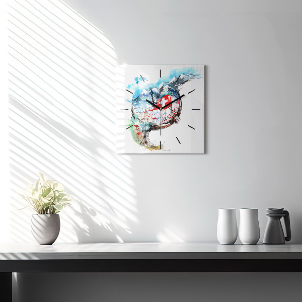 Square glass wall clock Swiss watch