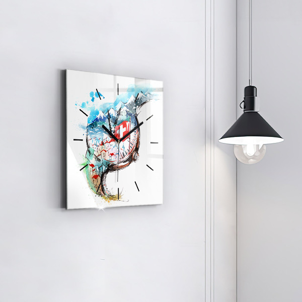 Square glass wall clock Swiss watch