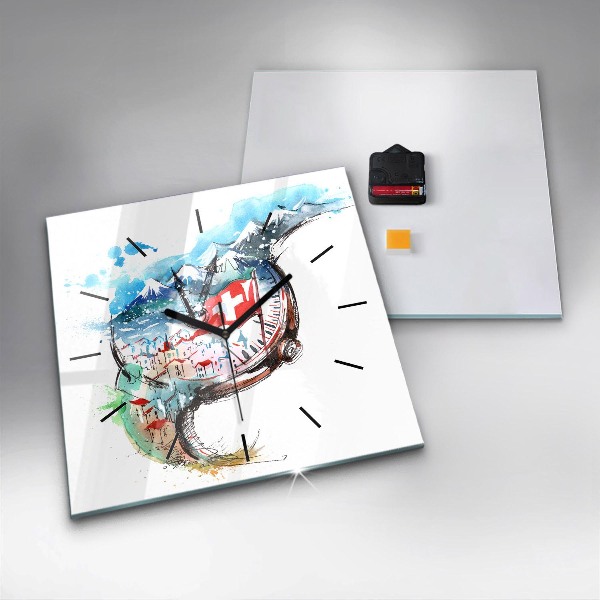 Square glass wall clock Swiss watch