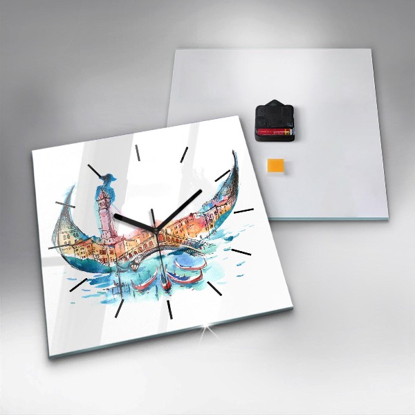 Square glass wall clock Italy - Venetian Gondola