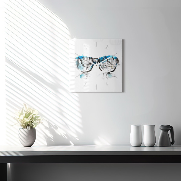 Square glass wall clock City in glasses
