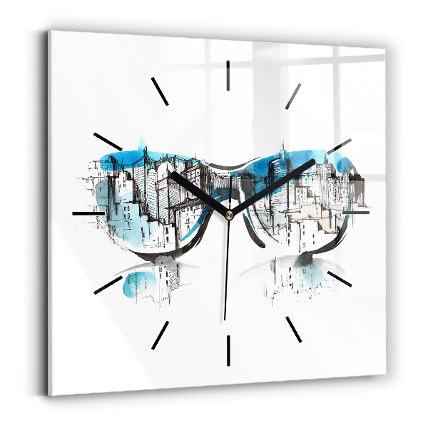Square glass wall clock City in glasses