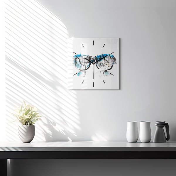 Square glass wall clock City in glasses