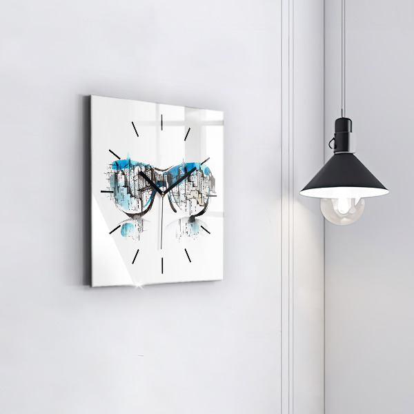 Square glass wall clock City in glasses