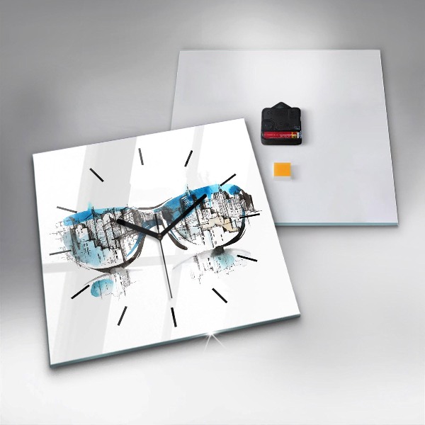 Square glass wall clock City in glasses