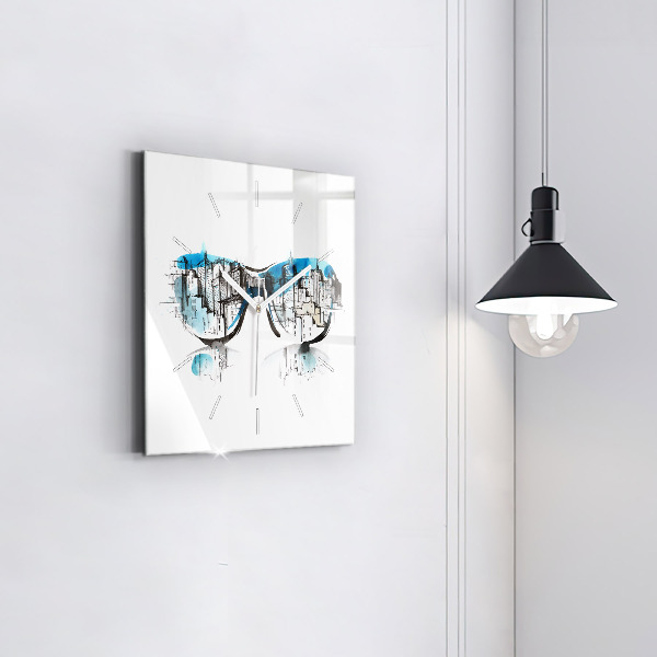 Square glass wall clock City in glasses