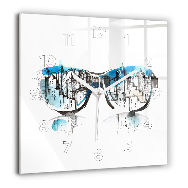 Square glass wall clock City in glasses