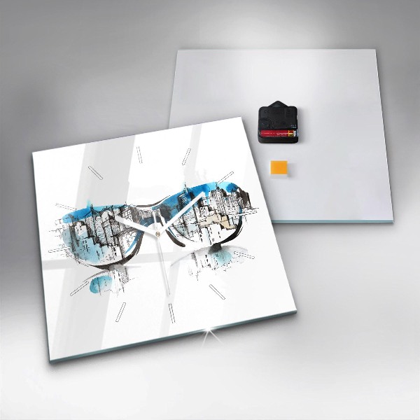Square glass wall clock City in glasses