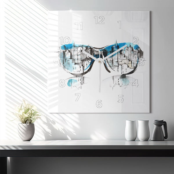 Square glass wall clock City in glasses