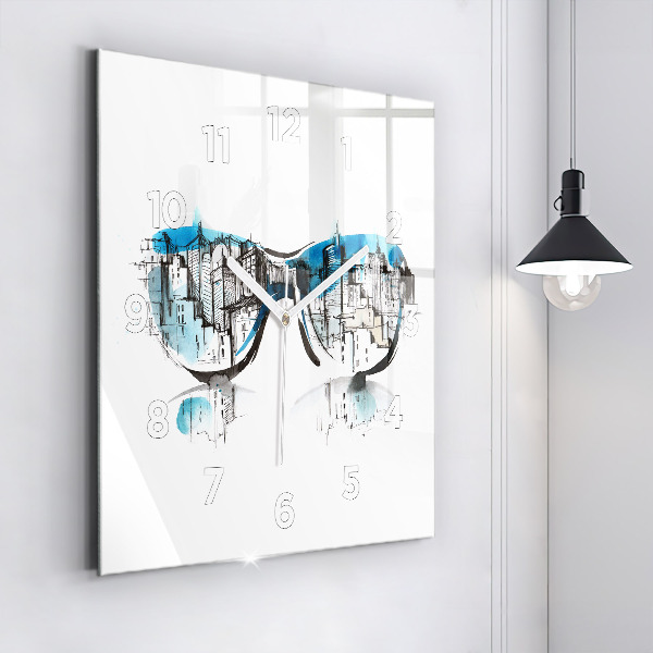 Square glass wall clock City in glasses