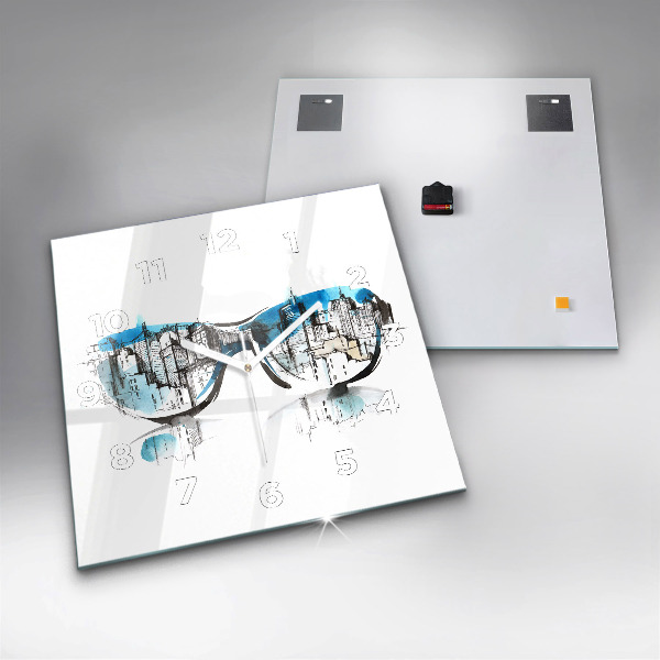 Square glass wall clock City in glasses