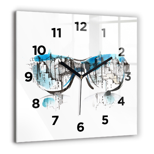 Square glass wall clock City in glasses