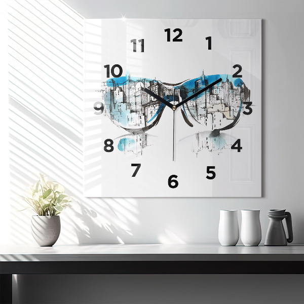 Square glass wall clock City in glasses