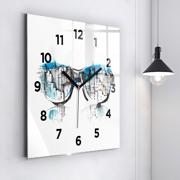 Square glass wall clock City in glasses