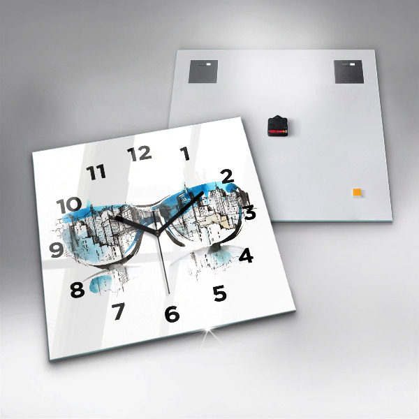 Square glass wall clock City in glasses