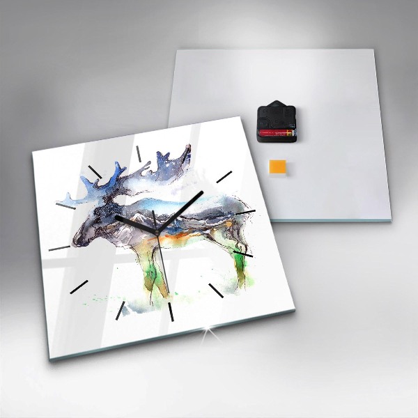 Square glass wall clock Moose and Mountain Landscape