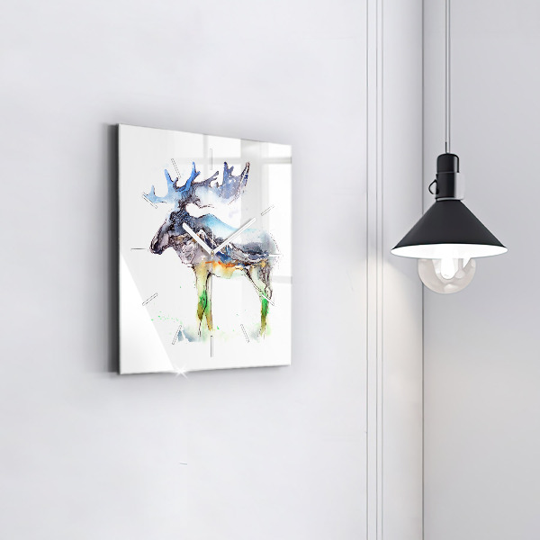 Square glass wall clock Moose and Mountain Landscape
