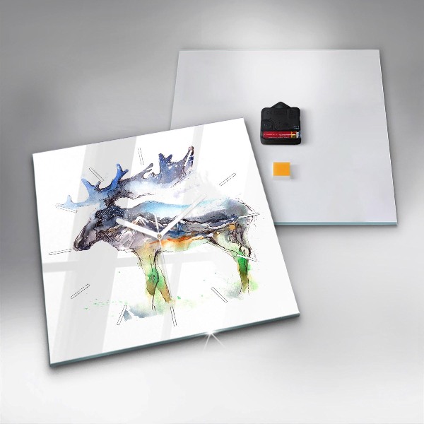 Square glass wall clock Moose and Mountain Landscape