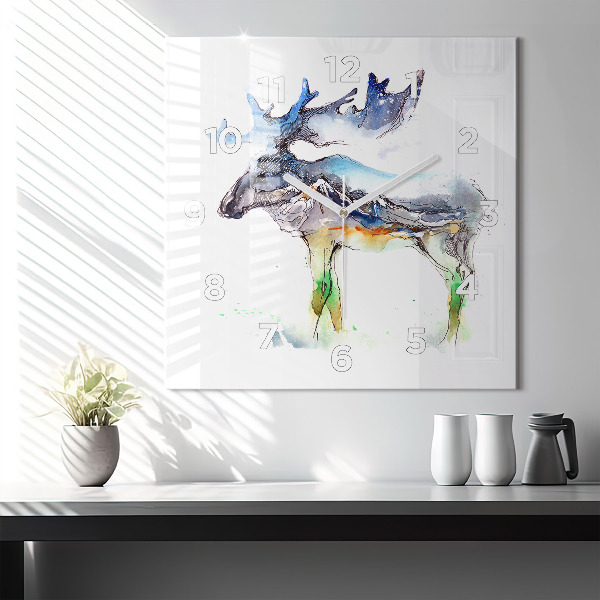 Square glass wall clock Moose and Mountain Landscape