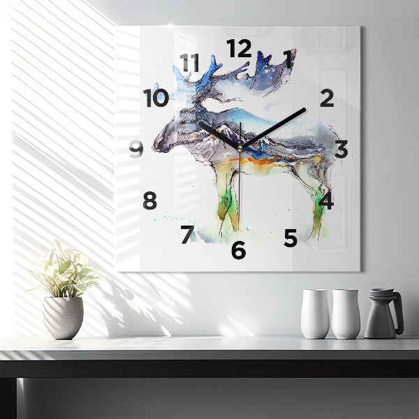 Square glass wall clock Moose and Mountain Landscape