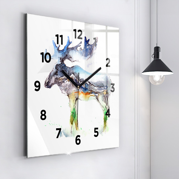 Square glass wall clock Moose and Mountain Landscape