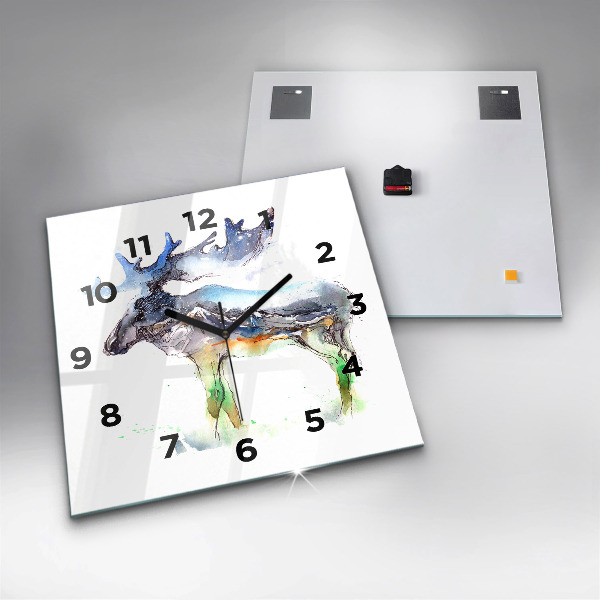 Square glass wall clock Moose and Mountain Landscape