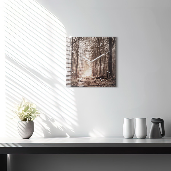 Square glass wall clock Forest path in sepia