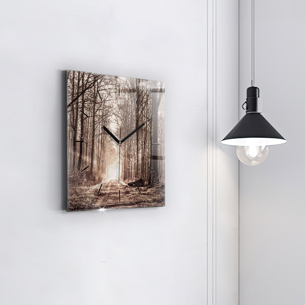 Square glass wall clock Forest path in sepia