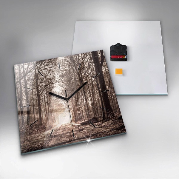 Square glass wall clock Forest path in sepia