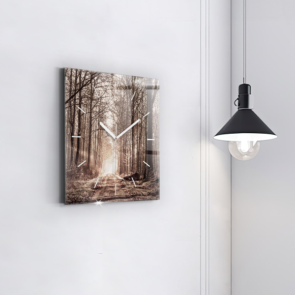 Square glass wall clock Forest path in sepia