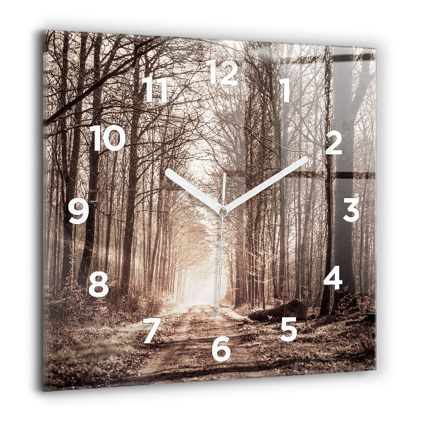 Square glass wall clock Forest path in sepia