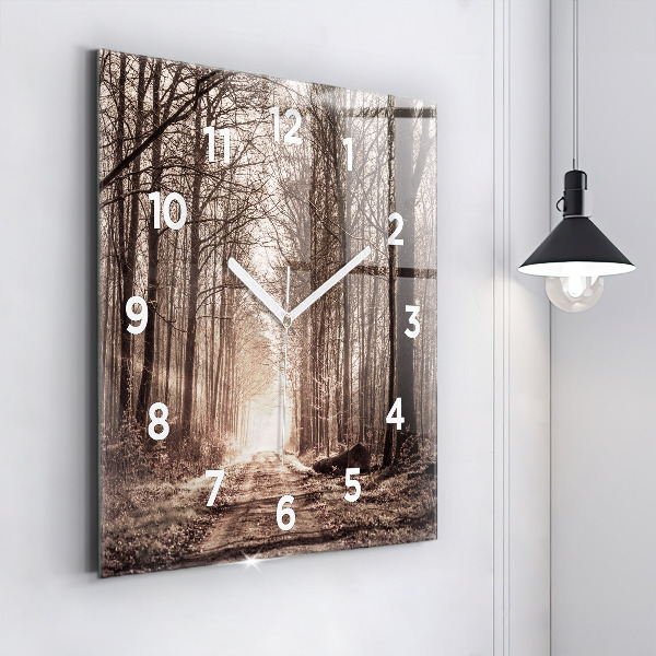 Square glass wall clock Forest path in sepia