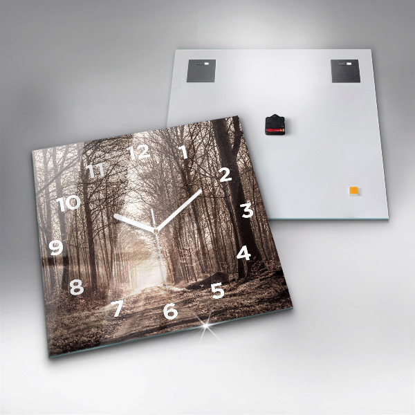 Square glass wall clock Forest path in sepia