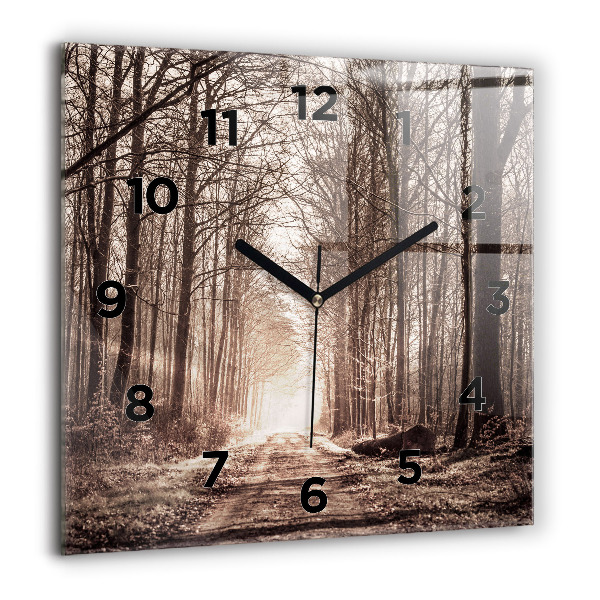 Square glass wall clock Forest path in sepia