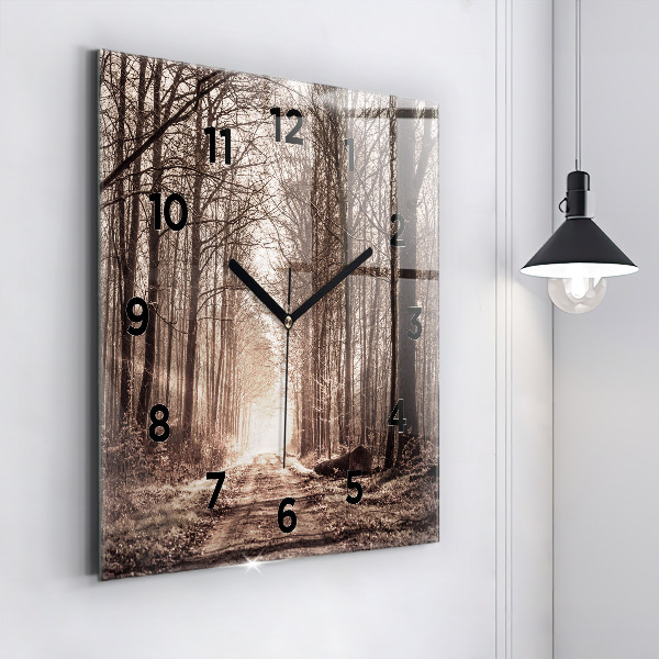 Square glass wall clock Forest path in sepia