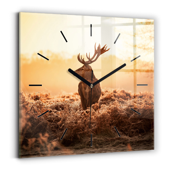 Square glass wall clock Deer at sunrise