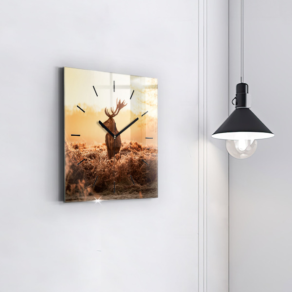Square glass wall clock Deer at sunrise