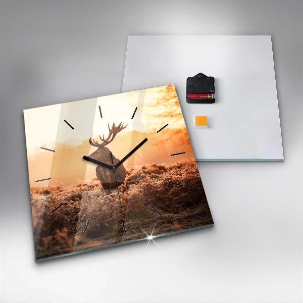 Square glass wall clock Deer at sunrise