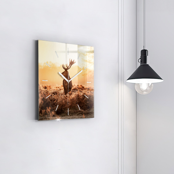 Square glass wall clock Deer at sunrise