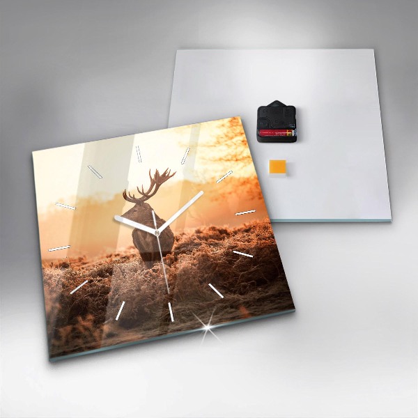 Square glass wall clock Deer at sunrise