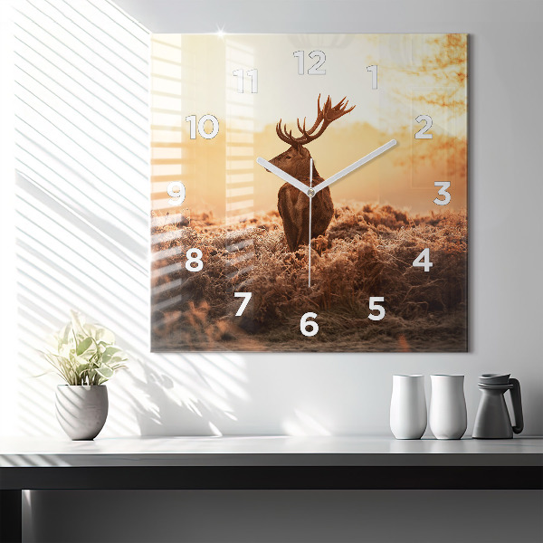 Square glass wall clock Deer at sunrise