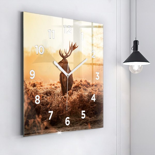 Square glass wall clock Deer at sunrise