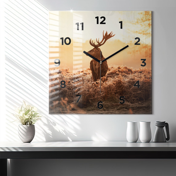 Square glass wall clock Deer at sunrise