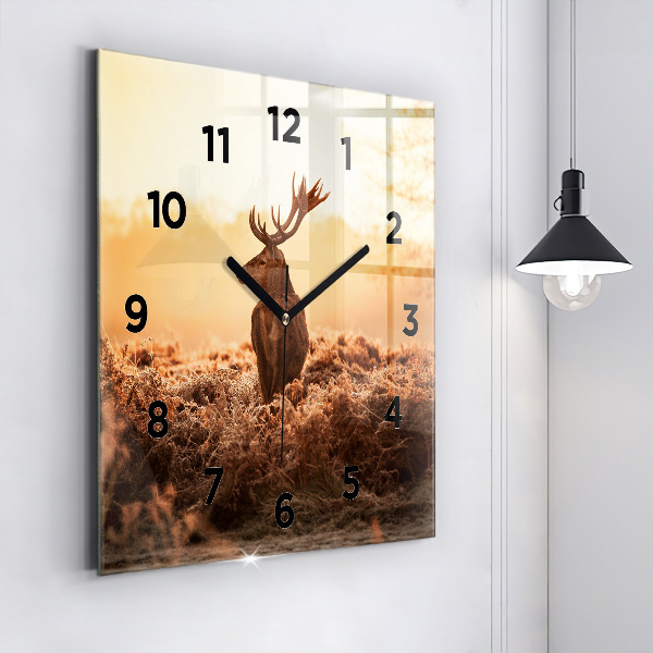 Square glass wall clock Deer at sunrise