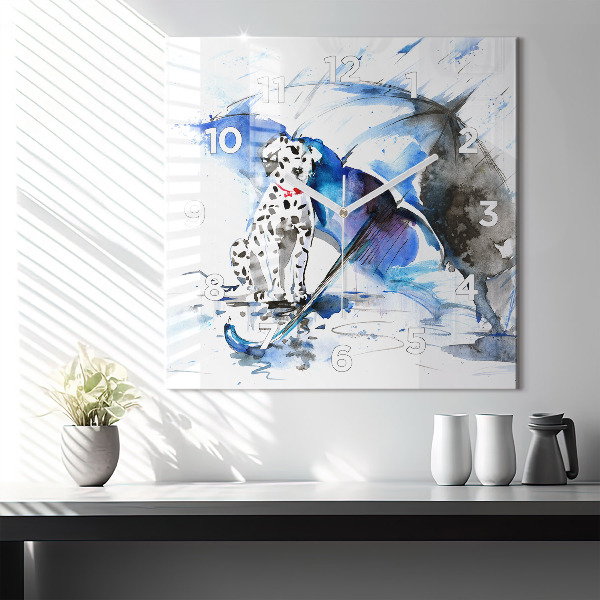 Square glass wall clock Dalmatian and Umbrella