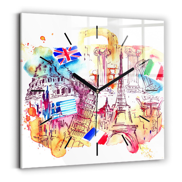 Square glass wall clock Attractive countries in the world
